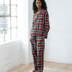 Chelsea Peers Organic Cotton Brushed Check Long Pajama Set - Red Medium New
